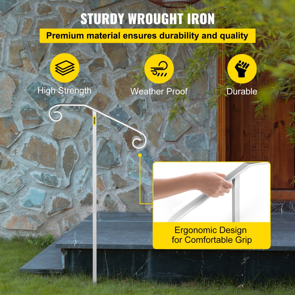 Wrought iron single post handrail for 1-2 steps, featuring a classic curled design.