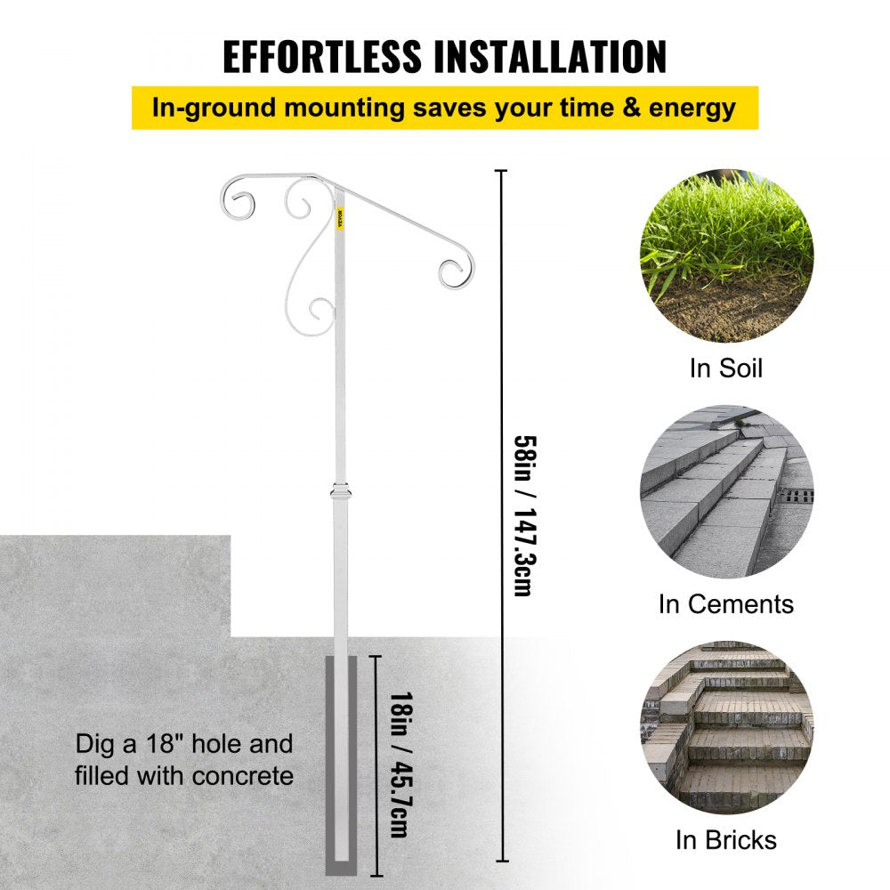 Wrought iron single post handrail for 1-2 steps, featuring a curled design and in-ground mount.