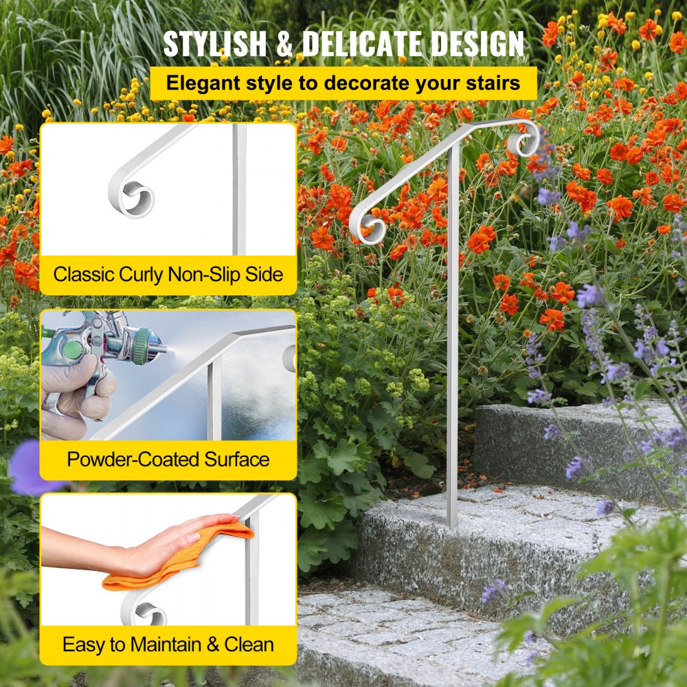 Wrought iron single post handrail for 1-2 steps with a classic curled design and rustproof finish.