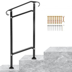 Black wrought iron outdoor stair railing with adjustable height for one-step transitions.