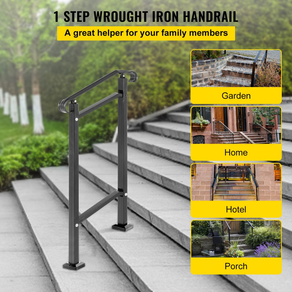 Black wrought iron outdoor stair railing designed for one-step transitions.