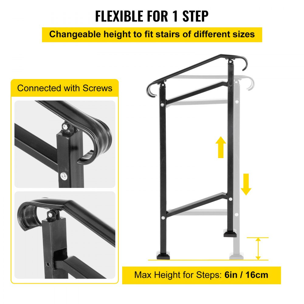Black wrought iron outdoor stair railing designed for one-step transitions, 37.8 inches high.