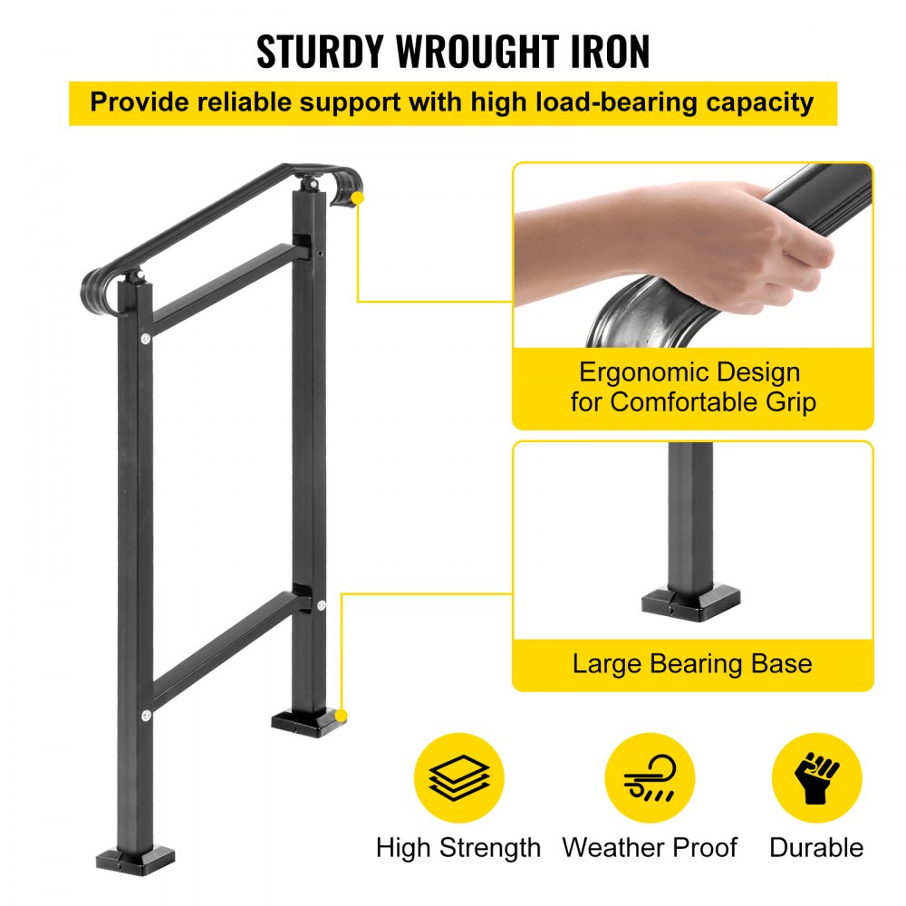 Black wrought iron outdoor stair railing designed for one-step transitions with adjustable height.