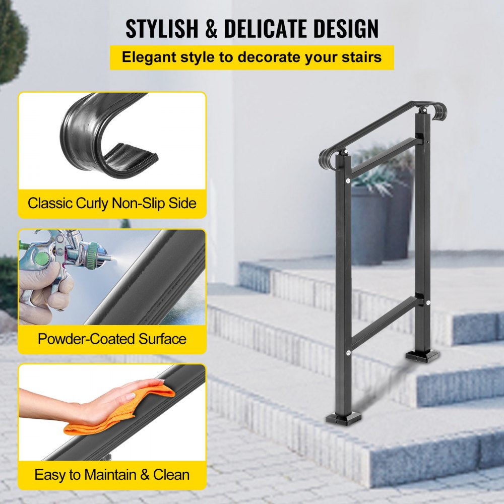 Black wrought iron outdoor stair railing for one step, featuring adjustable height and sturdy design.