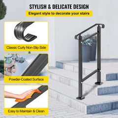 Black wrought iron outdoor stair railing for one step, featuring adjustable height and sturdy design.