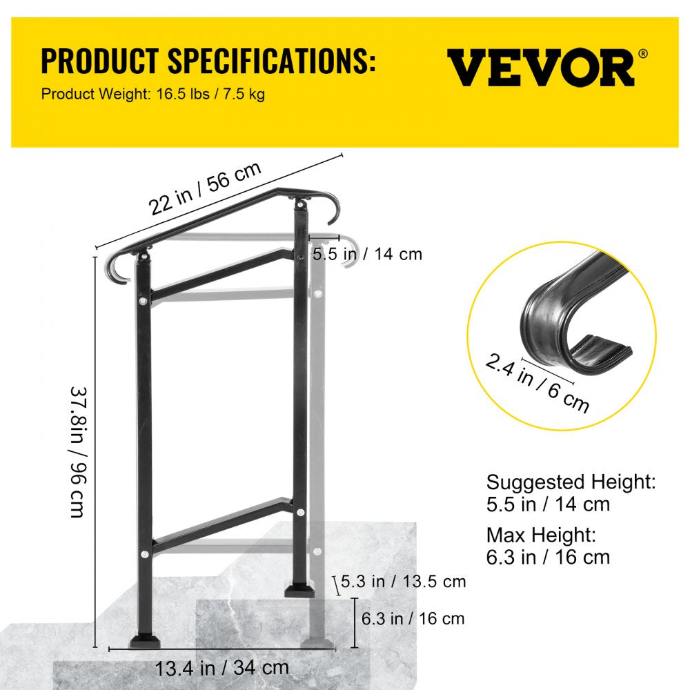 Black wrought iron outdoor stair railing designed for one-step transitions, 37.8 inches high.