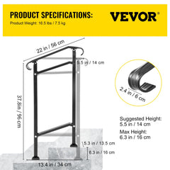 Black wrought iron outdoor stair railing designed for one-step transitions, 37.8 inches high.