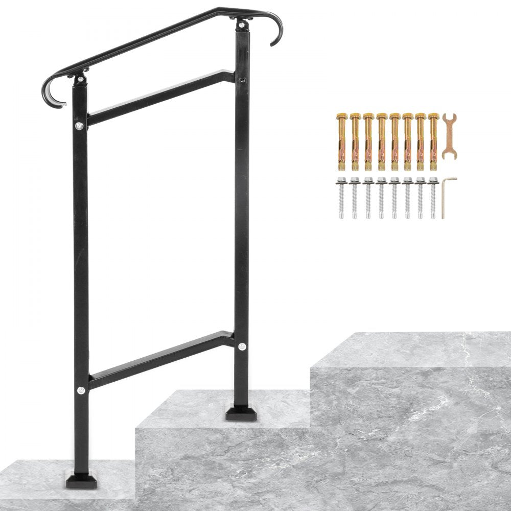 Black wrought iron outdoor stair railing for one step, featuring adjustable height and sturdy design.