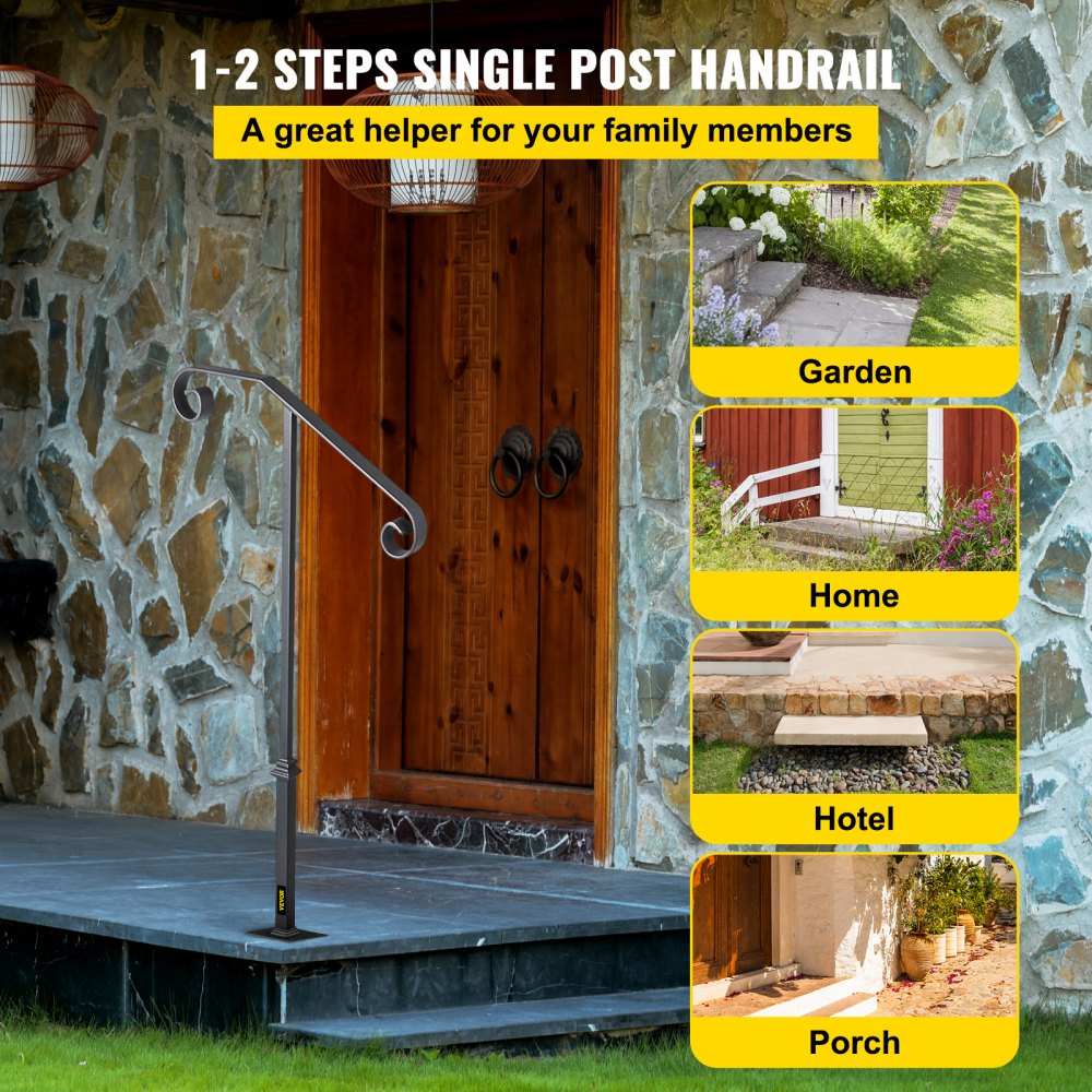 Gray wrought iron single post handrail designed for 1-2 outdoor steps with curled ornamental style.