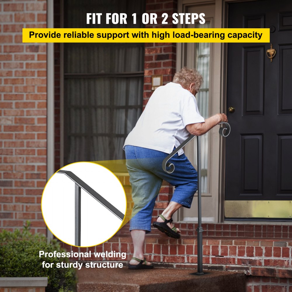 Gray wrought iron single post handrail for 1-2 outdoor steps with curled ornamental design.