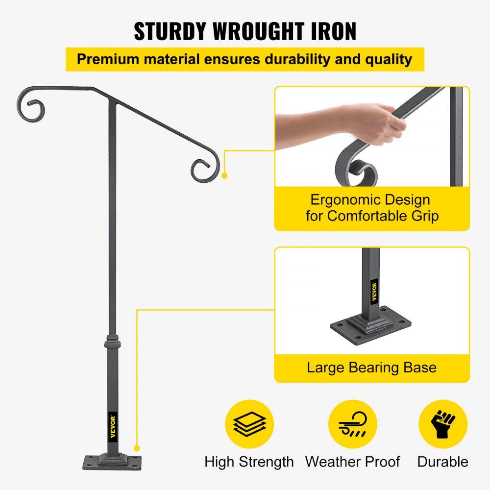 Gray wrought iron single post handrail for 1-2 outdoor steps with curled ornamental design.
