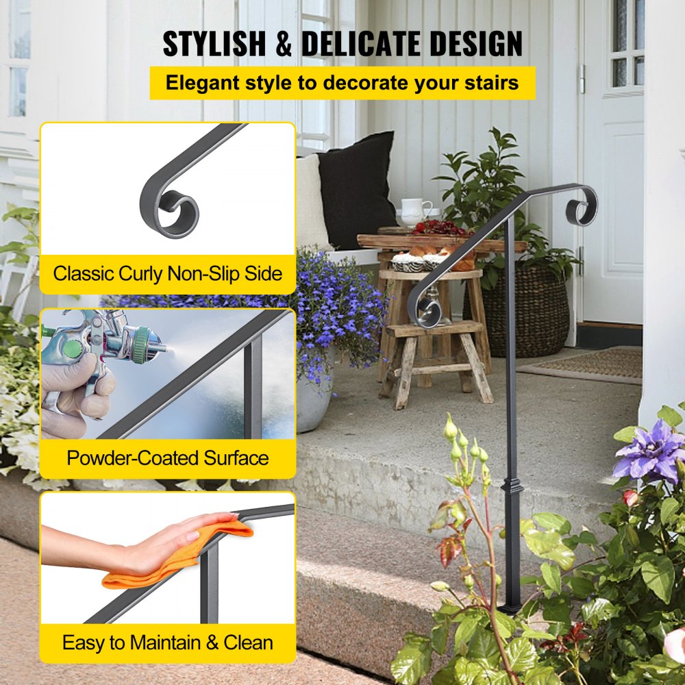 Gray wrought iron single post handrail for 1-2 outdoor steps with curled ornamental design.