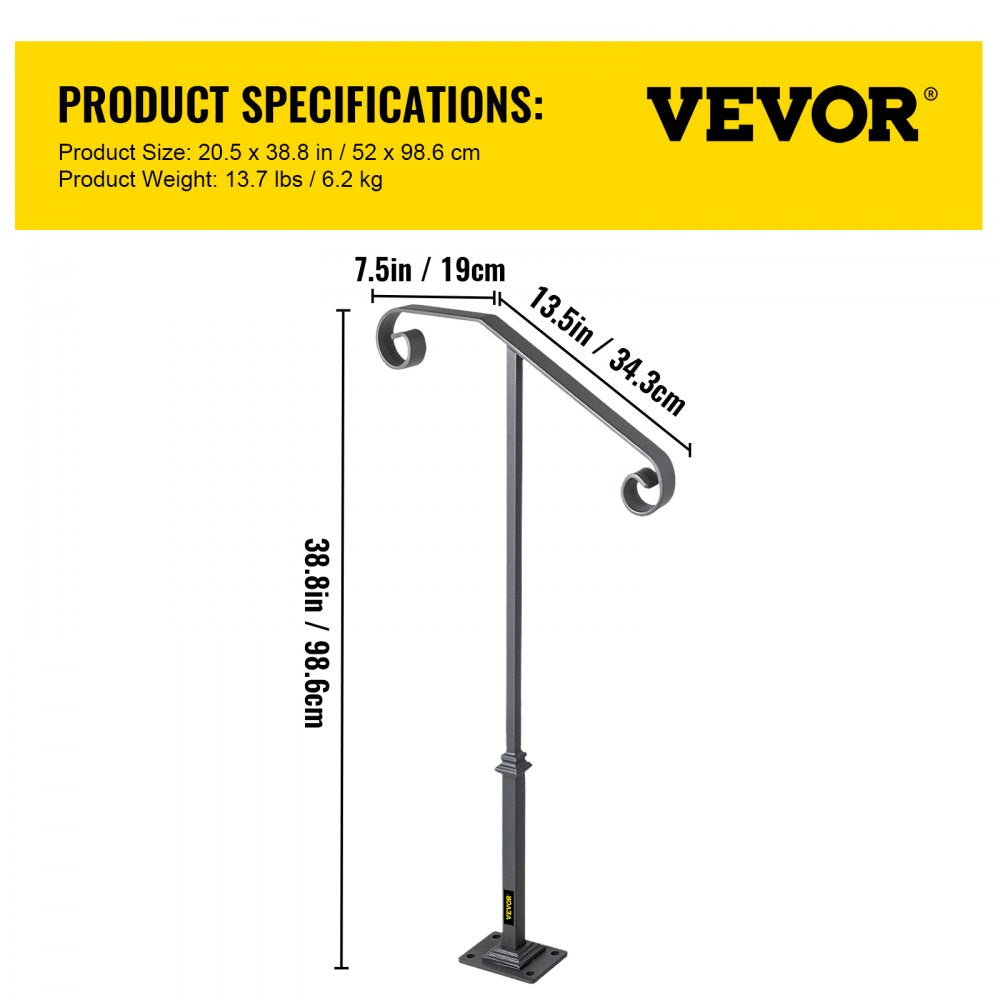 Gray wrought iron single post handrail for 1-2 outdoor steps with curled ornamental design.