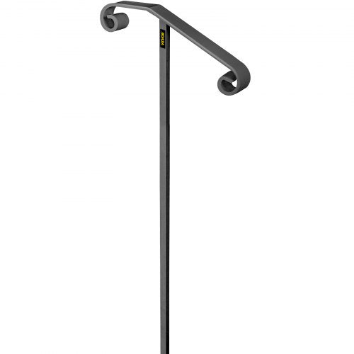 Gray wrought iron single post handrail, 58 inches tall with curled ends for 1-2 steps.