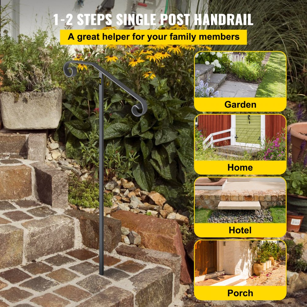 Gray wrought iron single post handrail for 1-2 steps, shown installed on garden, home, hotel, and porch stairs.