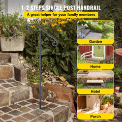Gray wrought iron single post handrail for 1-2 steps, shown installed on garden, home, hotel, and porch stairs.