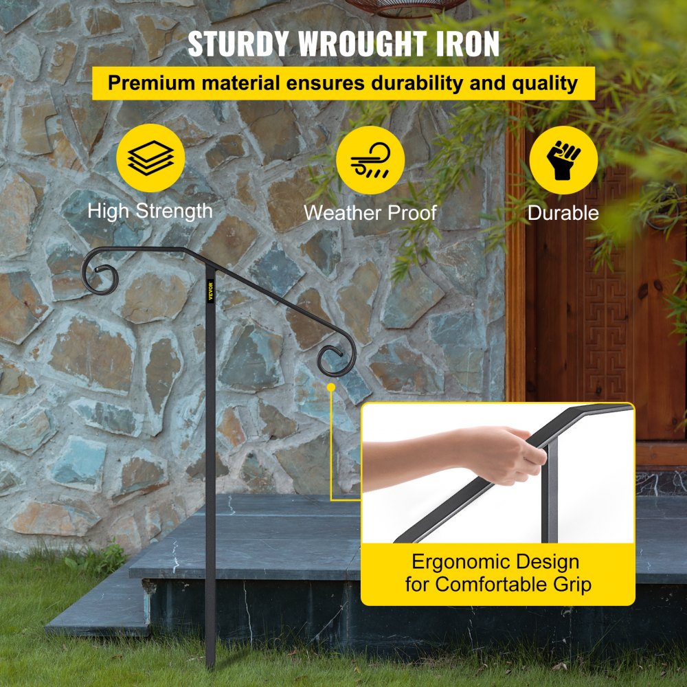 Gray wrought iron single post handrail with ergonomic grip, mounted on stone steps outdoors.