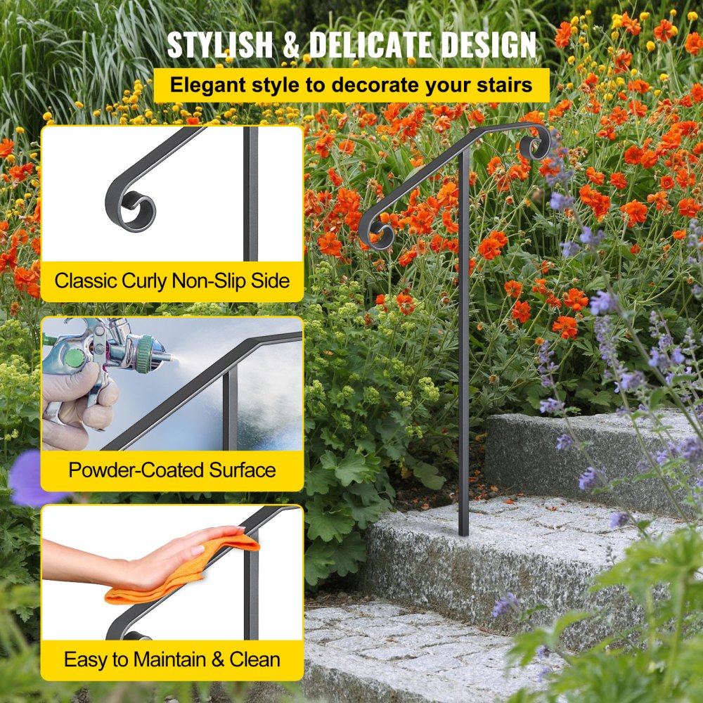 Gray wrought iron single post handrail with curly non-slip design for 1-2 steps.