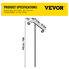 Gray wrought iron single post handrail, 58 inches tall with curl design and dimensions.