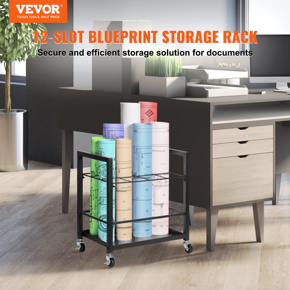 Blueprint Storage Rack 12 Slots Mobile Roll File Holder for Architectural, Blue Print Storage Organizer - Mobile Roll File Cart, Construction Plan Holders, Blueprint Cabinet with Wheels, Roll Files Storage for Office and Home
