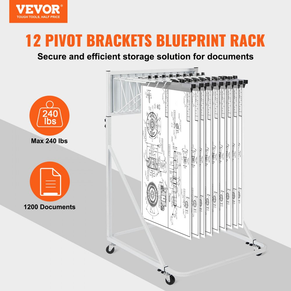 Mobile Blueprint Storage Rack Plan Holder with 12 Pivot Brackets 240 lbs