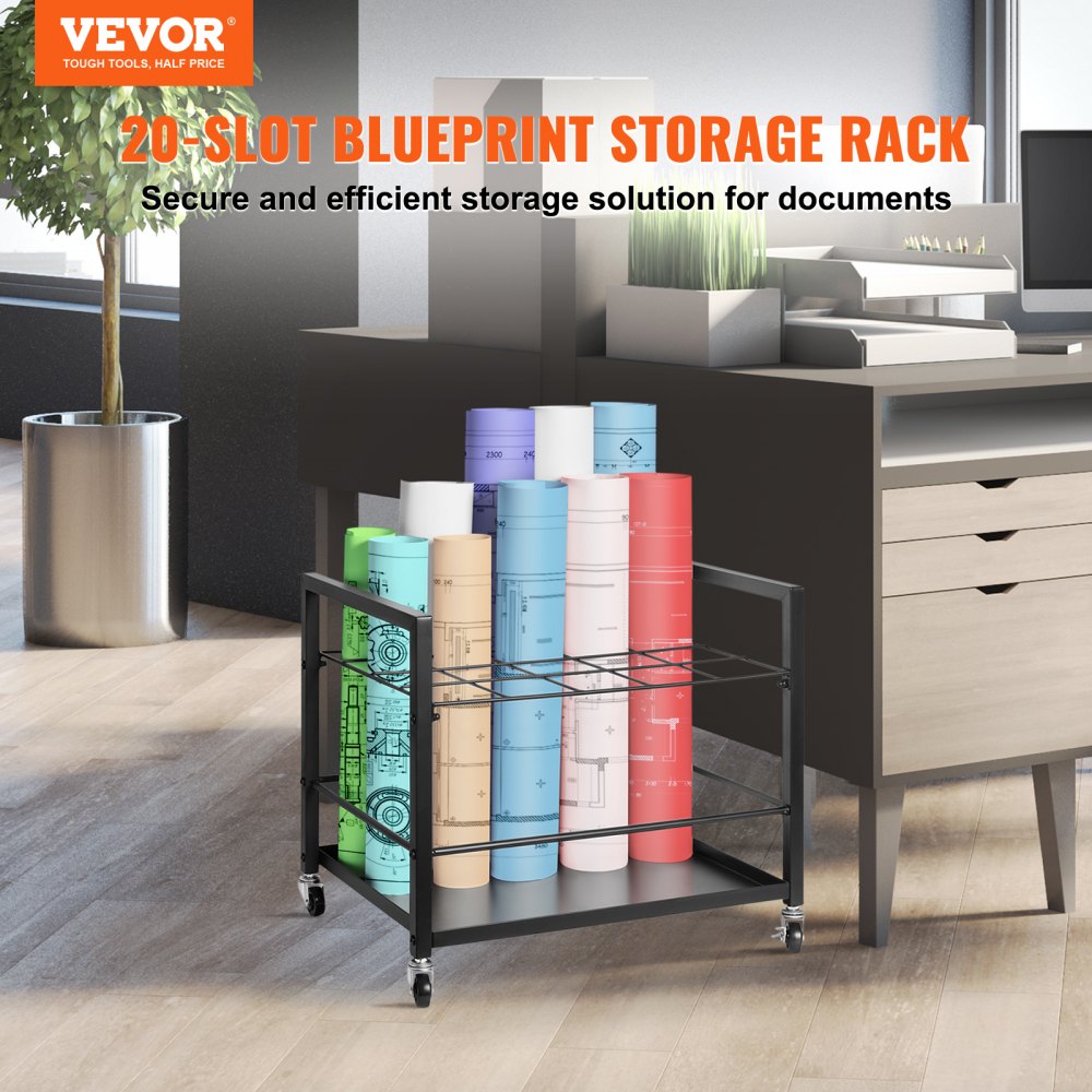 Blueprint Storage Rack 20 Slots Mobile Roll File Holder for Architectural, Blue Print Storage Organizer - Mobile Roll File Cart, Construction Plan Holders, Blueprint Cabinet with Wheels, Roll Files Storage for Office and Home