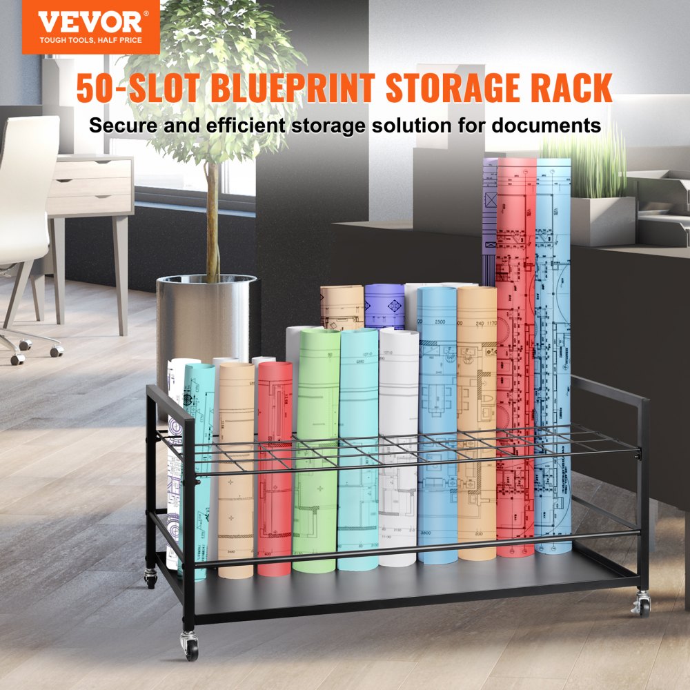 Blueprint Storage Rack 50 Slots Mobile Roll File Holder for Architectural, Blue Print Storage Organizer - Mobile Roll File Cart, Construction Plan Holders, Blueprint Cabinet with Wheels, Roll Files Storage for Office and Home
