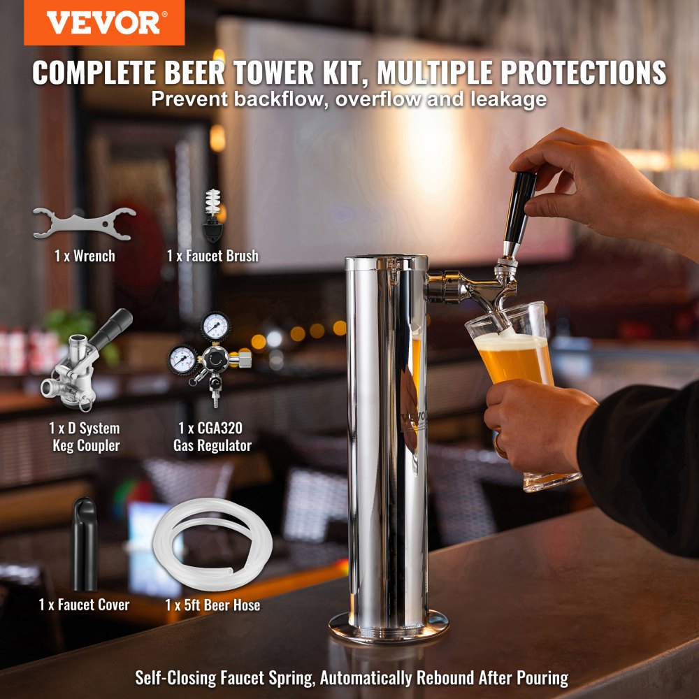 Kegerator Tower Kit, Single Tap Beer Conversion Kit, Stainless Steel Keg Beer Tower Dispenser with Dual Gauge CGA320 Regulator & D-System Keg Coupler, Self-Closing Spring for Party Bar Home