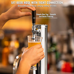 Kegerator Tower Kit, Single Tap Beer Conversion Kit, Stainless Steel Keg Beer Tower Dispenser with Dual Gauge CGA320 Regulator & D-System Keg Coupler, Self-Closing Spring for Party Bar Home