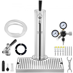 Kegerator Tower Kit, Single Tap Beer Conversion Kit, Stainless Steel Keg Beer Tower Dispenser with Dual Gauge CGA320 Regulator & D-System Keg Coupler, Beer Drip Tray for Party Home
