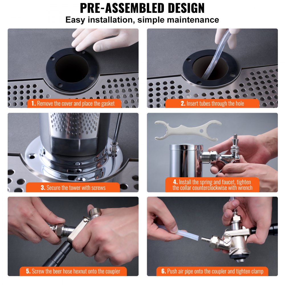 Kegerator Tower Kit, Single Tap Beer Conversion Kit, Stainless Steel Keg Beer Tower Dispenser with Dual Gauge CGA320 Regulator & D-System Keg Coupler, Beer Drip Tray for Party Home
