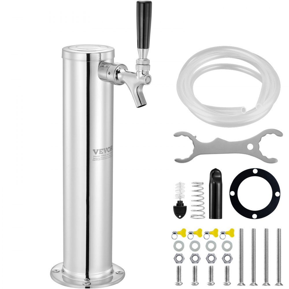 Single Faucet Draft Beer Tower Dispenser, Stainless Steel Keg Beer Tower, Kegerator Tower Kit with Pre-Assembled Tubing and Self-Closing Faucet Shank for Party, Bar, Pub, Restaurant