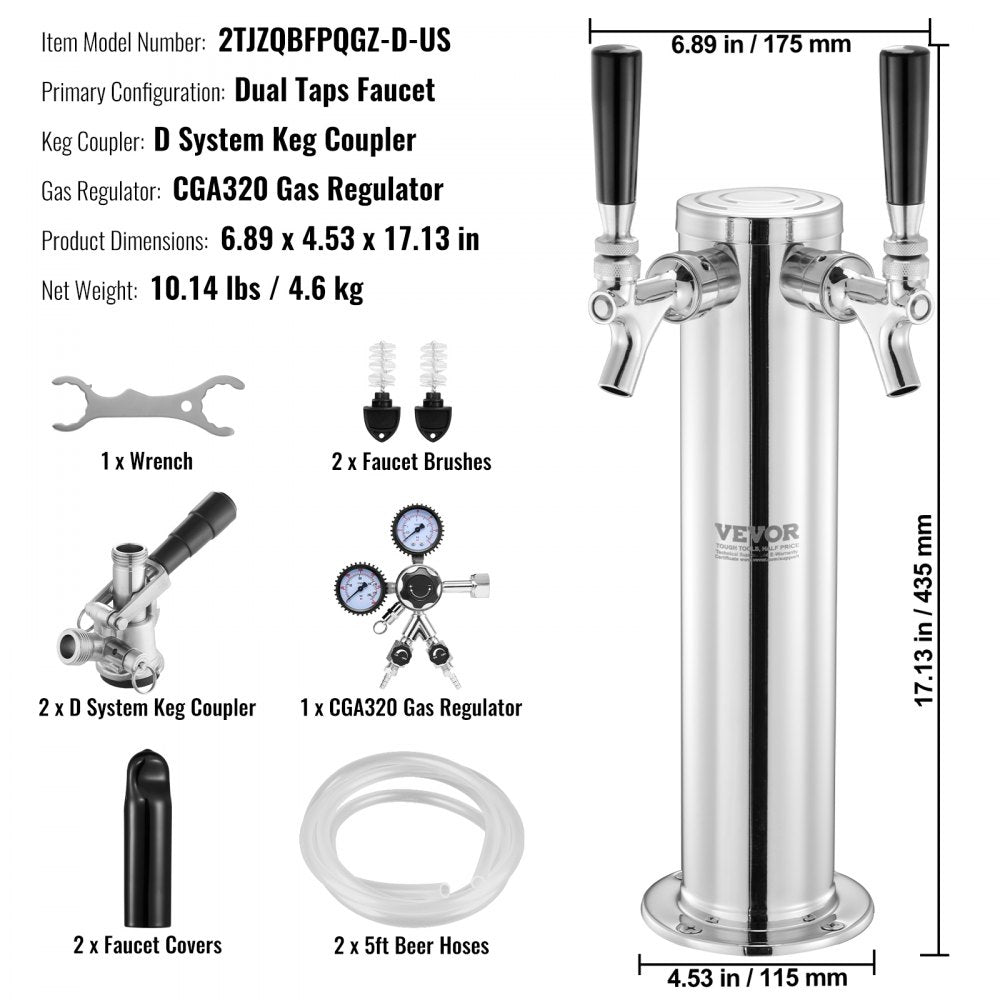 Kegerator Tower Kit, Dual Taps Beer Conversion Kit, Stainless Steel Keg Beer Tower Dispenser with Dual Gauge CGA320 Regulator & D-System Keg Coupler, Self-Closing Spring for Party Bar Home