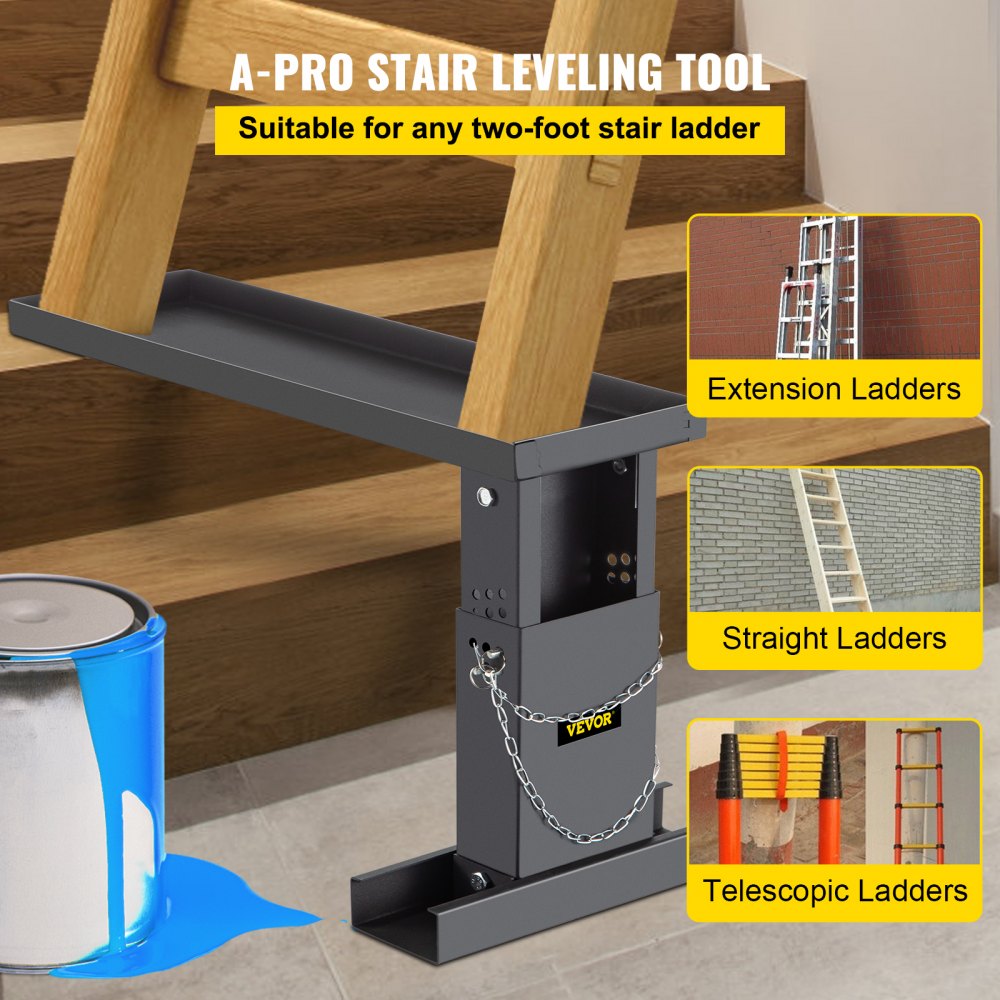 23.4x7.6-Inch Ladder Extender, Extension Ladder 12.25-19.7-Inch Adjustable Height Range, Ladder Leveling Tool, Stair Ladder Extension with Chain Pins in Steel for Stairs, in Black Powder Coated