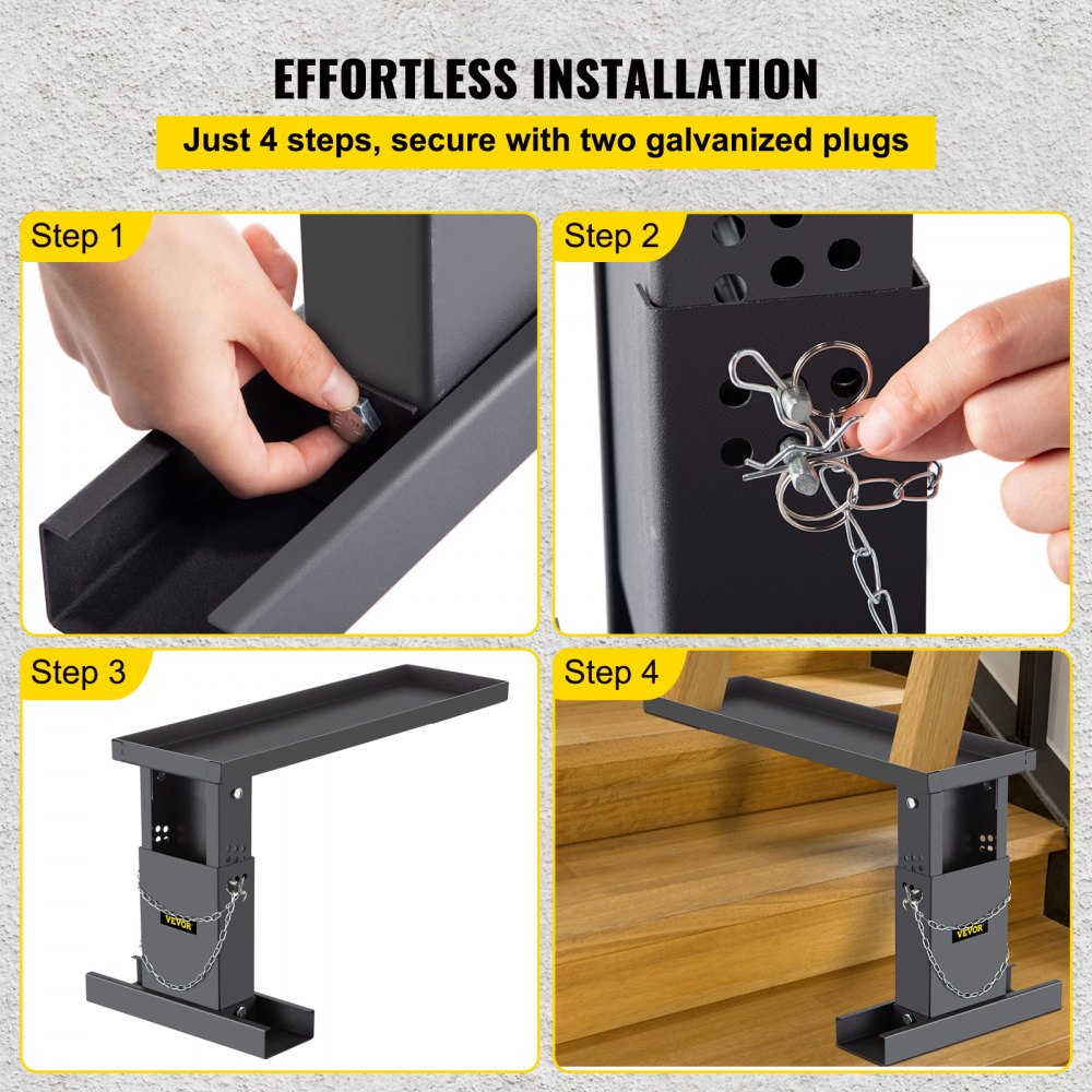 23.4x7.6-Inch Ladder Extender, Extension Ladder 12.25-19.7-Inch Adjustable Height Range, Ladder Leveling Tool, Stair Ladder Extension with Chain Pins in Steel for Stairs, in Black Powder Coated