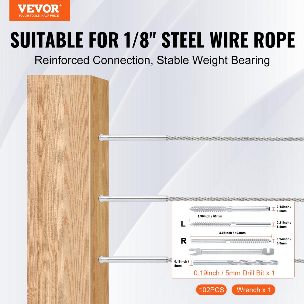 102 Pack Cable Railing Swage Threaded Stud Tension End Fitting Terminal for 1/8" Deck Cable Railing, T316 Stainless Steel, Cable Railing Tensioner 1/8" for Wood/Metal Post, Silver