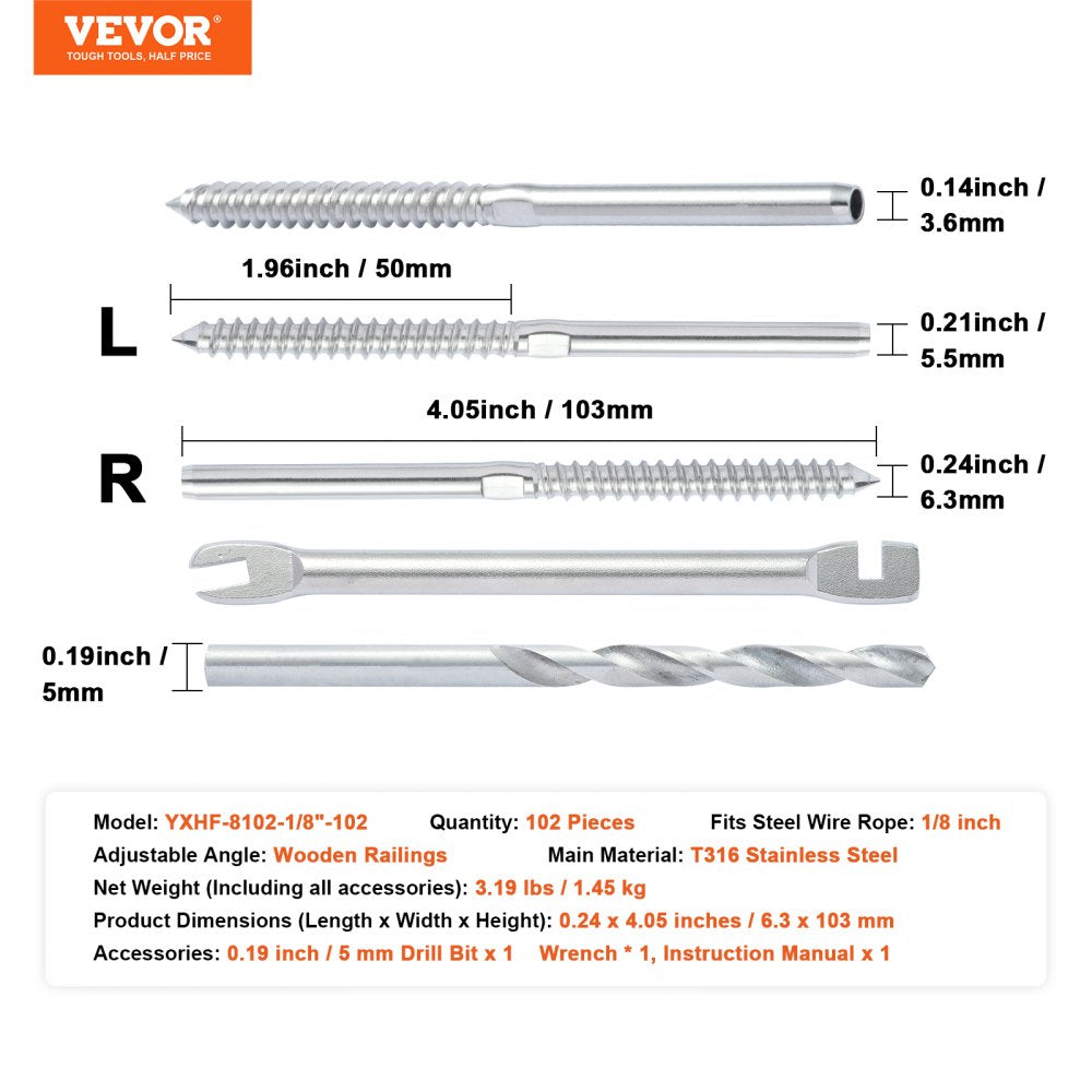 102 Pack Cable Railing Swage Threaded Stud Tension End Fitting Terminal for 1/8" Deck Cable Railing, T316 Stainless Steel, Cable Railing Tensioner 1/8" for Wood/Metal Post, Silver