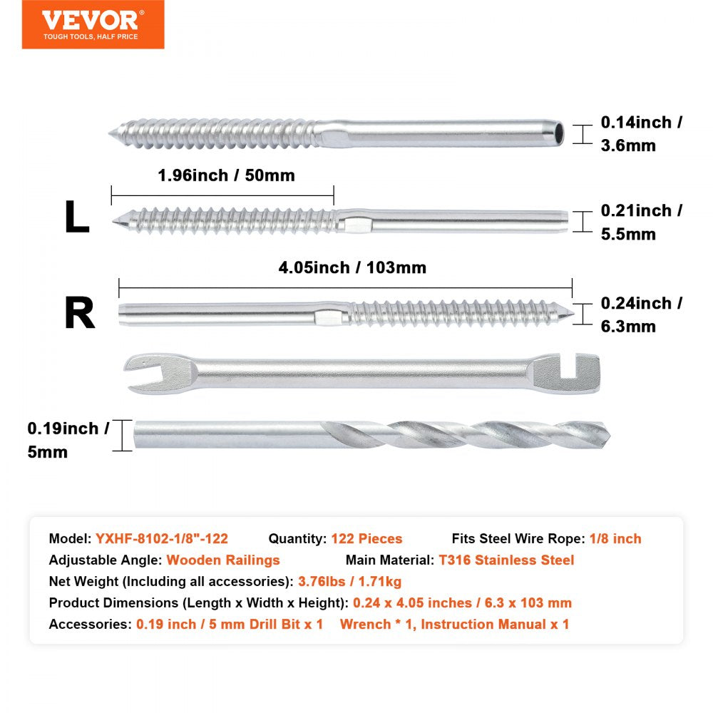 122 Pack Cable Railing Swage Threaded Stud Tension End Fitting Terminal for 1/8" Deck Cable Railing, T316 Stainless Steel, Cable Railing Tensioner 1/8" for Wood/Metal Post, Silver