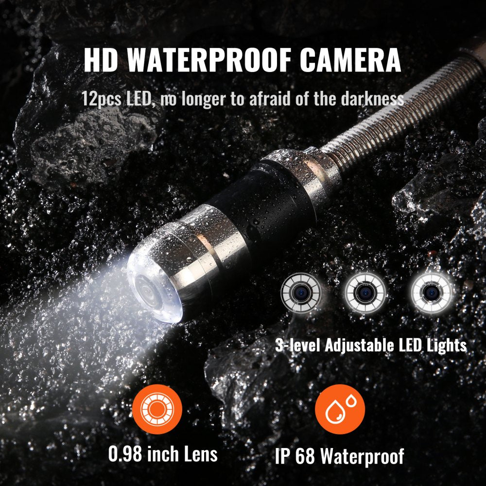 HD waterproof sewer inspection camera with 12 adjustable LED lights, 0.98-inch lens, and IP68 waterproof cable.