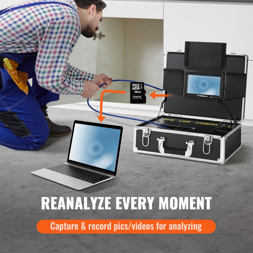 Plumber using Bostome 7-inch sewer camera with 66ft cable to inspect pipeline, connected to laptop.