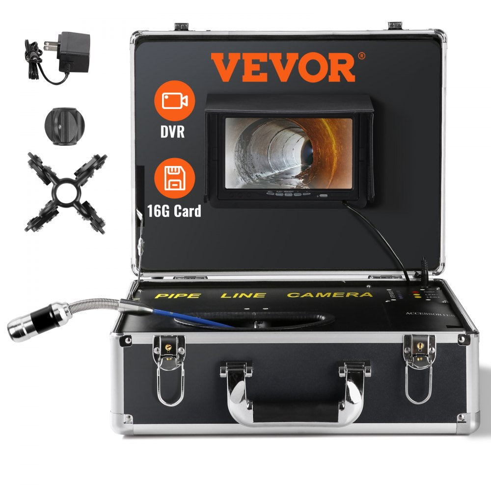 Bostome sewer camera in aluminum case with 7-inch screen, 66ft IP68 cable, DVR, and 16GB card.