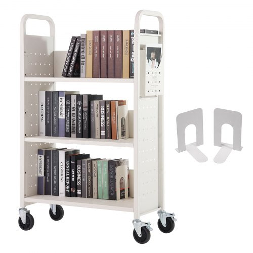 Book Cart, 330 lbs Library Cart, 31.1" x 15.2" x 49.2" Rolling Book Cart, Single Sided L-Shaped Flat Shelves with 4-Inch Lockable Wheels for Home Shelves Office and School, Book Truck in White