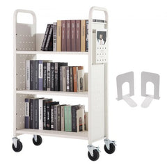 Book Cart, 330 lbs Library Cart, 31.1" x 15.2" x 49.2" Rolling Book Cart, Single Sided L-Shaped Flat Shelves with 4-Inch Lockable Wheels for Home Shelves Office and School, Book Truck in White
