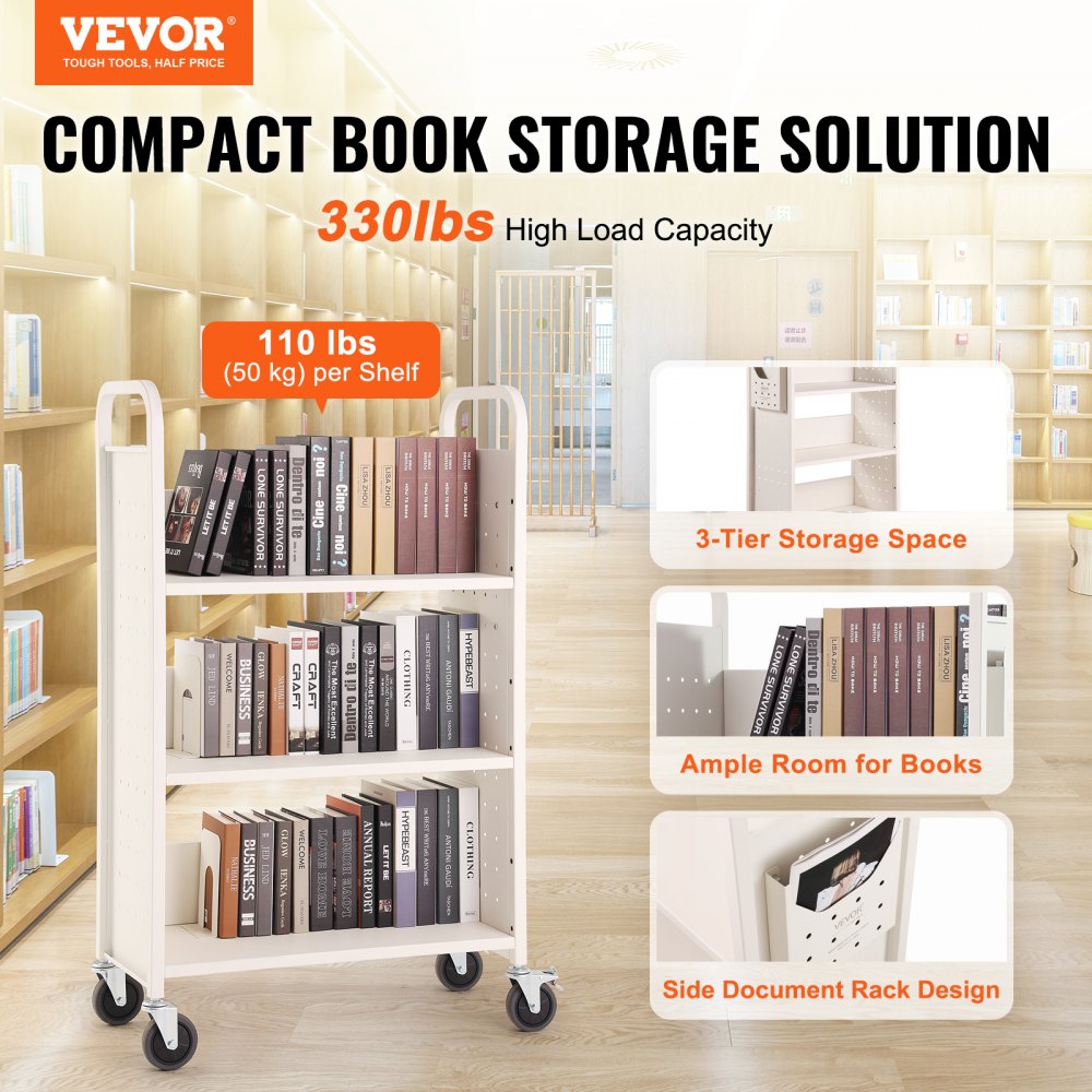 Book Cart, 330 lbs Library Cart, 31.1" x 15.2" x 49.2" Rolling Book Cart, Single Sided L-Shaped Flat Shelves with 4-Inch Lockable Wheels for Home Shelves Office and School, Book Truck in White