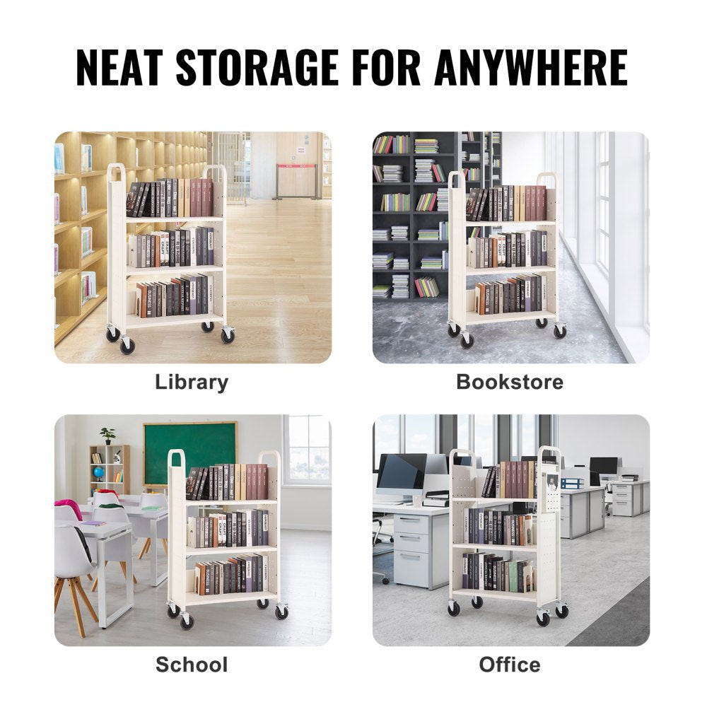 Book Cart, 330 lbs Library Cart, 31.1" x 15.2" x 49.2" Rolling Book Cart, Single Sided L-Shaped Flat Shelves with 4-Inch Lockable Wheels for Home Shelves Office and School, Book Truck in White