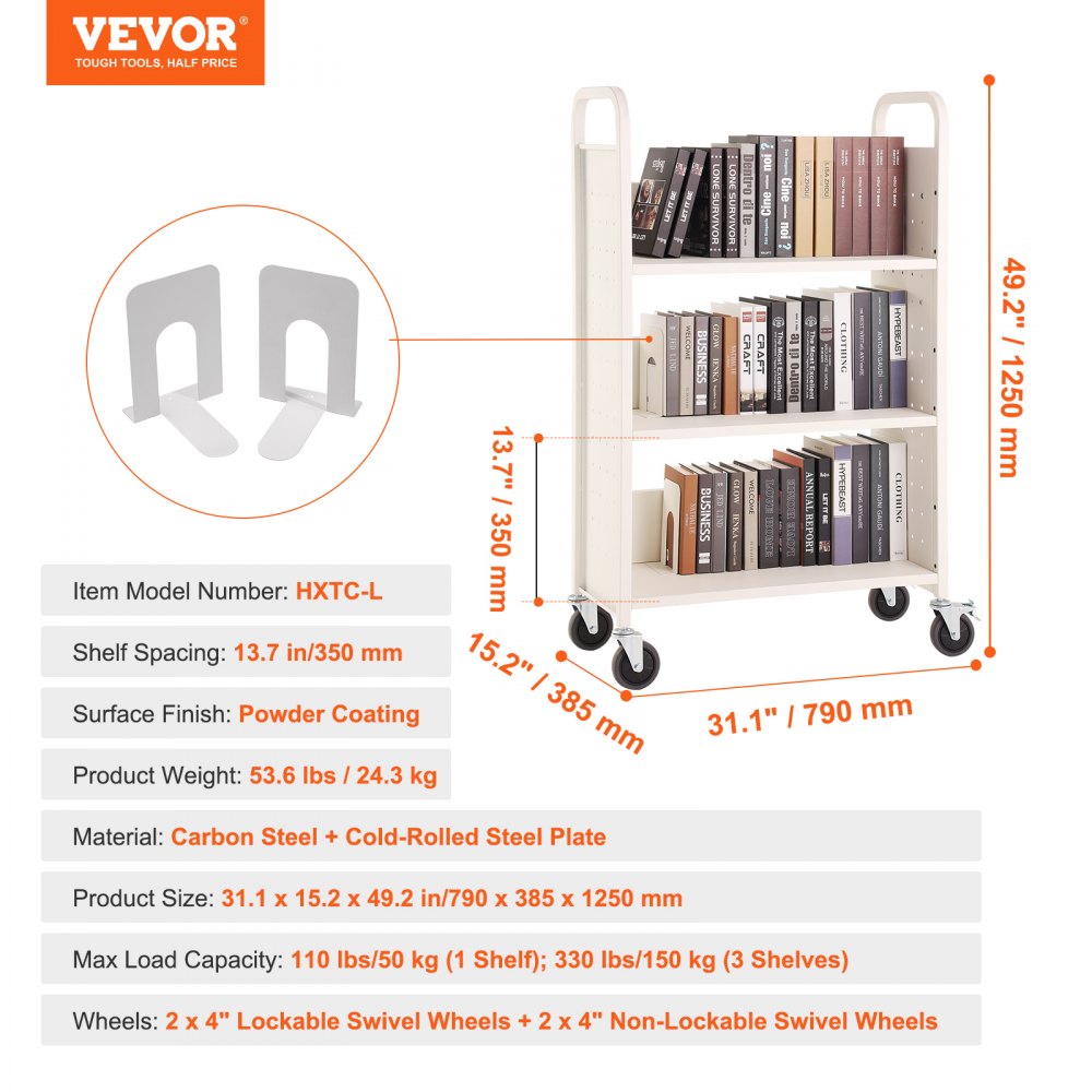 Book Cart, 330 lbs Library Cart, 31.1" x 15.2" x 49.2" Rolling Book Cart, Single Sided L-Shaped Flat Shelves with 4-Inch Lockable Wheels for Home Shelves Office and School, Book Truck in White