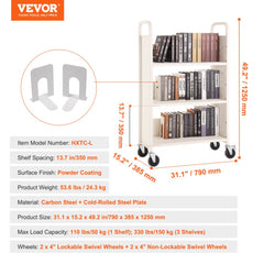 Book Cart, 330 lbs Library Cart, 31.1" x 15.2" x 49.2" Rolling Book Cart, Single Sided L-Shaped Flat Shelves with 4-Inch Lockable Wheels for Home Shelves Office and School, Book Truck in White