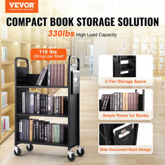 Book Cart, 330 lbs Library Cart, 31.1" x 15.2" x 49.2" Rolling Book Cart, Single Sided L-Shaped Flat Shelves with 4-Inch Lockable Wheels for Home Shelves Office and School, Book Truck in Black