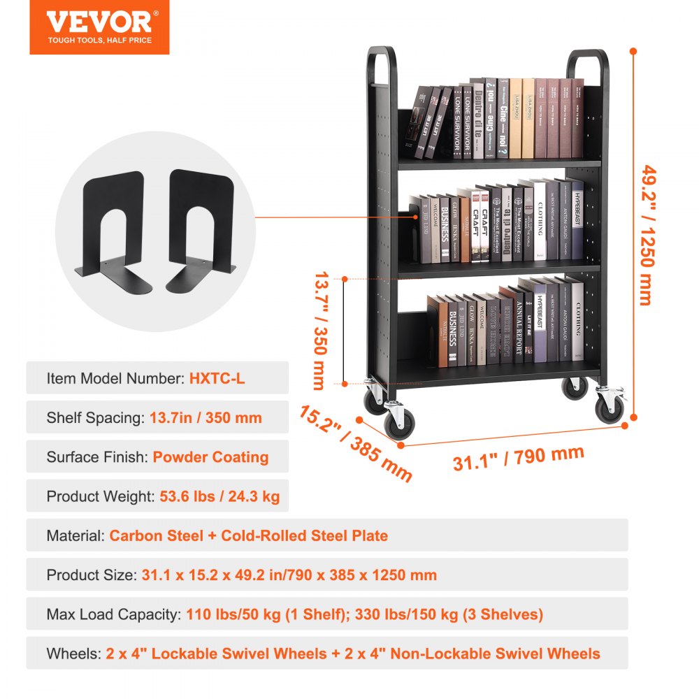 Book Cart, 330 lbs Library Cart, 31.1" x 15.2" x 49.2" Rolling Book Cart, Single Sided L-Shaped Flat Shelves with 4-Inch Lockable Wheels for Home Shelves Office and School, Book Truck in Black