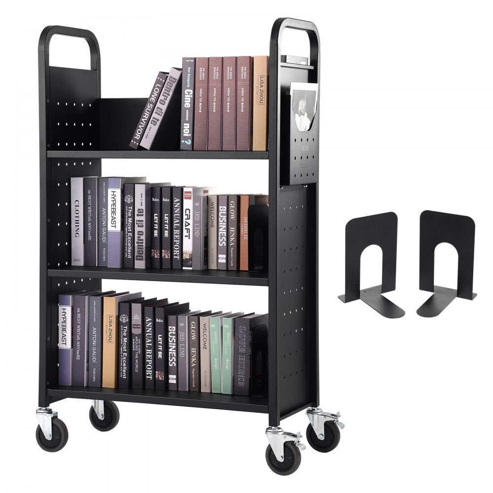 Book Cart, 330 lbs Library Cart, 31.1" x 15.2" x 49.2" Rolling Book Cart, Single Sided L-Shaped Flat Shelves with 4-Inch Lockable Wheels for Home Shelves Office and School, Book Truck in Black